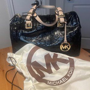 Black Michael Kors Monogram Satchel with Gold Hardware and Leather Handles